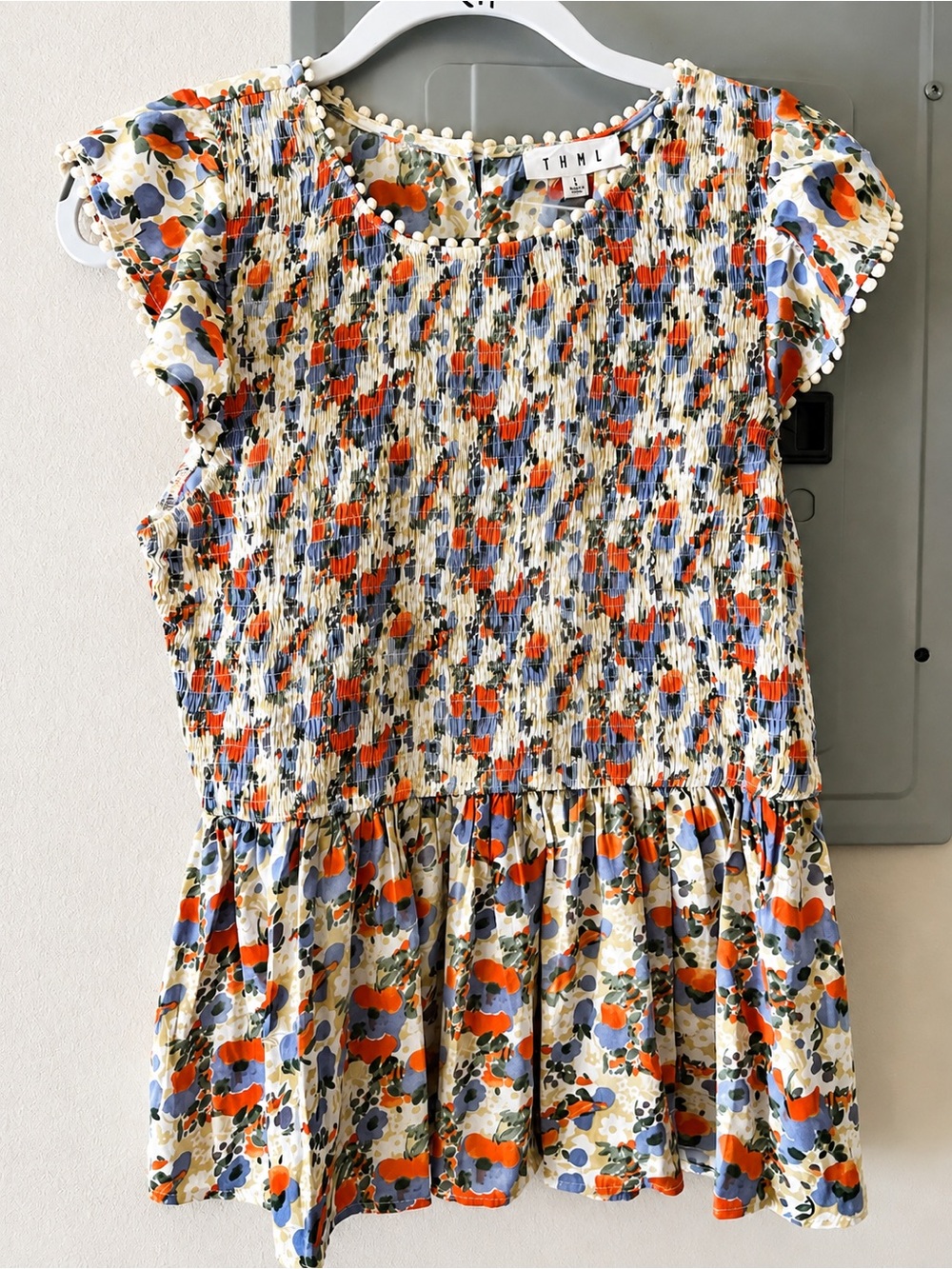 THML Cream Floral Smocked top with Orange & Blue Accents